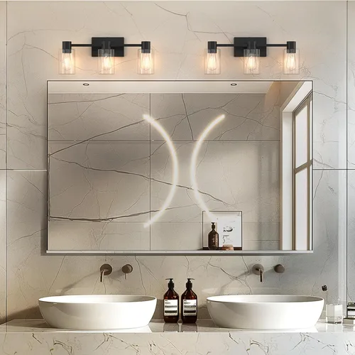 Miniatura 3 de Apliques de pared negros mate de 3 luces para baño, modernas lámparas de tocador sobre espejo, lámparas de baño con pantalla de vidrio transparente