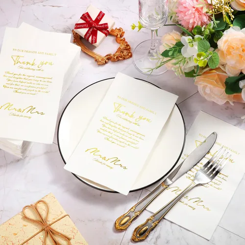 Miniatura 5 de Yeaqee Paquete de 100 servilletas de boda, 2 capas de Mr & Mrs para cena, servilletas doradas para recepción, toallas decorativas desechables