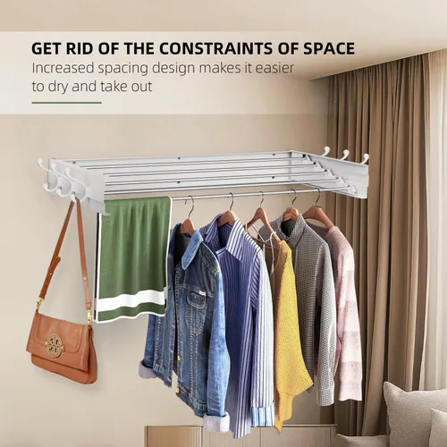 Miniatura 3 de Estante de secado de ropa, plegable, para montar en la pared, plegable, ahorro de espacio, 13.2 pies lineales, 5 varillas de aluminio, capacidad