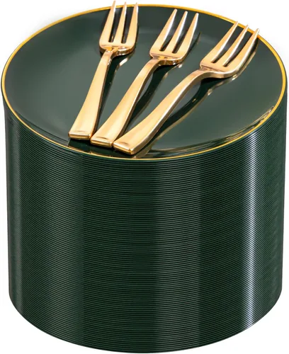Miniatura 12 de Festiva 200 platos de postre dorados con purpurina de 6.3 pulgadas con tenedores de 5 pulgadas, platos pequeños de plástico para postre, pasteles