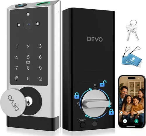 DEVO G1 Cerradura inteligente de video 6-en-1 con cámara y timbre, cerradura de puerta de entrada sin llave con huella dactilar, cerraduras