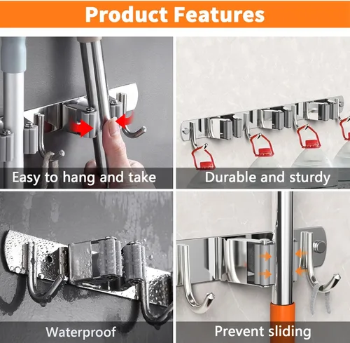 Miniatura 2 de CUXIXA Organizador de escoba y trapeador para colgar en la pared, soporte de pared mejorado para trapeador y escoba, soporte de pared de acero Plata