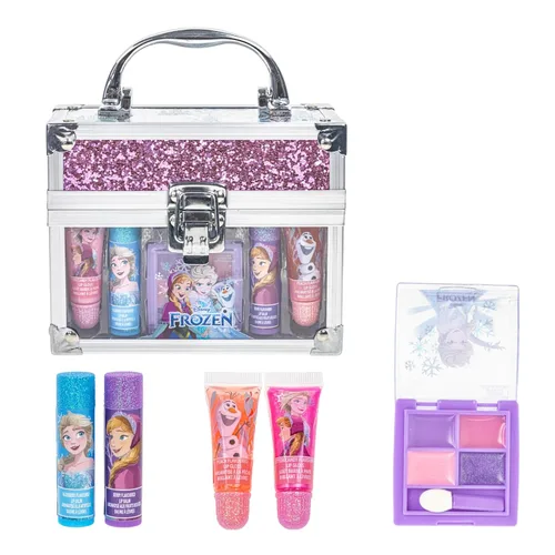 Conjunto de maletín mini tren de belleza de Frozen de Disney incluye tubo de brillo labial, bálsamo labial, brillo labial compacto para niñas, para