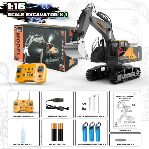 Miniatura 9 de Excavadora de juguete a control remoto para niños de 3 años, vehículo de construcción RC con aerosol, batería recargable/rotación de 680°, pala