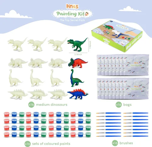 Miniatura 7 de BONNYCO Recuerdos de fiesta de dinosaurios para niños, kit de pintura para niños, paquete de 16, bolsas de regalo de dinosaurio para niños de 3 a 5