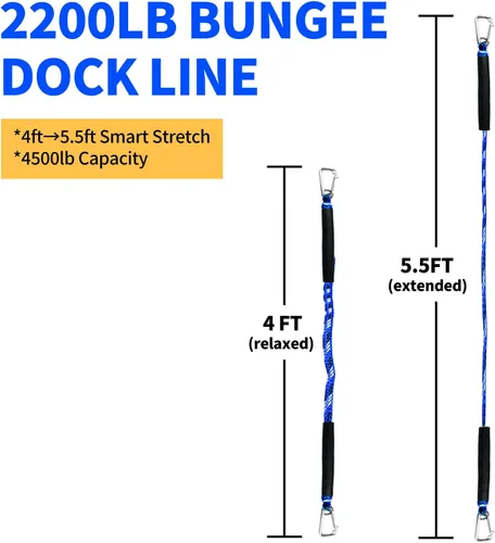 Miniatura 5 de Paquete de 2 líneas elásticas para muelle con ganchos dobles y tubos flotantes - Cuerdas de barco resistentes para moto acuática, pontón, kayak, 4