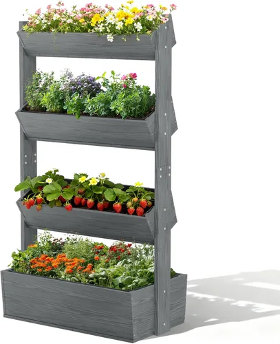DoCred Cama de jardín vertical elevada de madera, 4 niveles mejorados, soporte de madera independiente para plantas, hierbas, flores, verduras,
