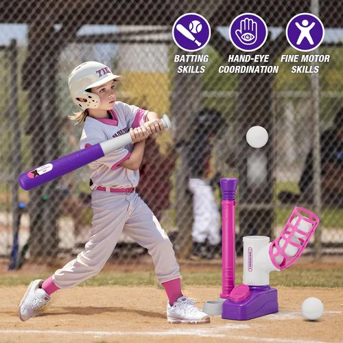 Miniatura 6 de HYES Juego de Tball para Niños Pequeños de 3-5 Años, Set de Pelota con Máquina de Lanzar de Pedal/Tee de Bateo Ajustable/Bate de Béisbol Retráctil/8