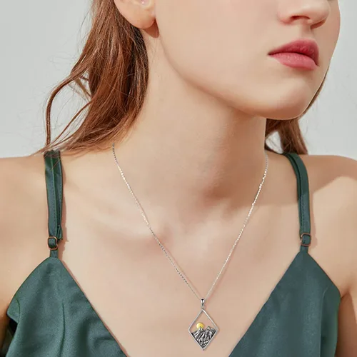 Miniatura 6 de YFN Collar de plata de ley con dije de onda del océano y cadena de montaña, regalo de joyería para esquiadores, excursionistas, campistas
