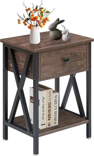 Miniatura 9 de VECELO - Mesita de noche moderna, mesa auxiliar de cabecera con cajón y estante de almacenamiento para sala de estar y dormitorio, marco de metal