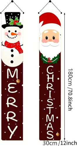 Miniatura 3 de BlissYard Pancartas de Porche Feliz Navidad de 12x71 Pulgadas Decoraciones de Puerta de Papá Noel y Muñeco de Nieve Fondo Rojo Pancarta Colgante