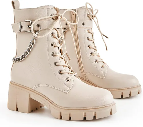 Miniatura 5 de TINSTREE Botas de combate de tacón bajo con hebilla de moda para mujer, botas de combate con cremallera lateral, botas antideslizantes para montar