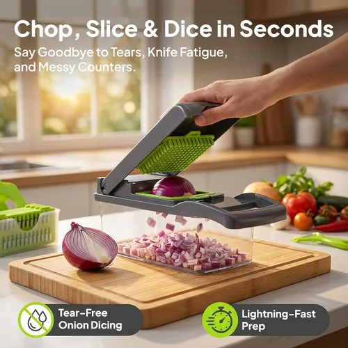 Miniatura 7 de Pro-Series 16 en 1 picadora de verduras y mandolina - Picadora de alimentos resistente con recipiente de 1.2 L, cuchillas de acero inoxidable