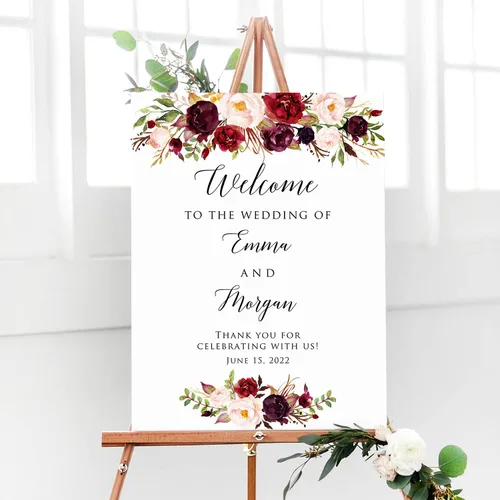 Miniatura 8 de Cartel de bienvenida de boda floral azul claro personalizado, cena de ensayo para parejas, ducha, aniversario, fiesta, póster de bienvenida, lienzo