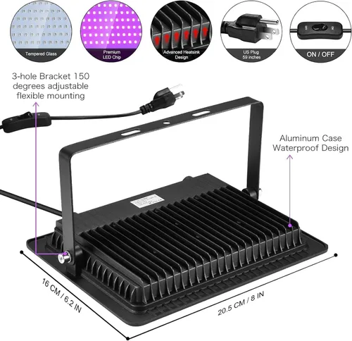 Miniatura 4 de YANYCN Paquete de 4 luces LED negras de 150 W, reflector de luz negra para exteriores con enchufe e interruptor, IP66 impermeable para fiestas