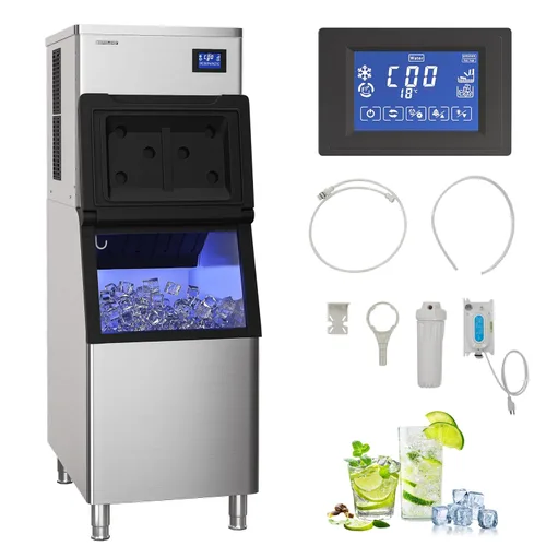 Miniatura 7 de Máquina comercial para hacer hielo, 270 libras/24 horas, contenedor de almacenamiento de 48 libras, acero inoxidable, luz azul, independiente, ideal