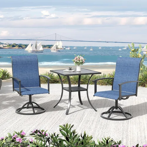 VICLLAX Juego de comedor de 3 piezas para patio al aire libre, 2 sillas giratorias de textileno y mesa cuadrada de metal de 27.6 pulgadas con Negro