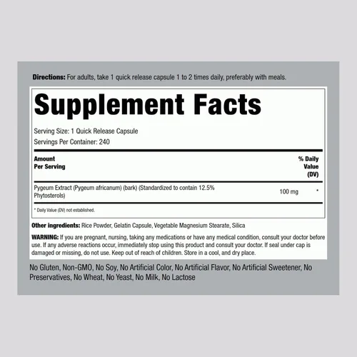 Miniatura 2 de Piping Rock Pygeum 100 mg 240 cápsulas Suplemento para hombres y mujeres Extracto de corteza de Pygeum Africanum Fitoesteroles ultra