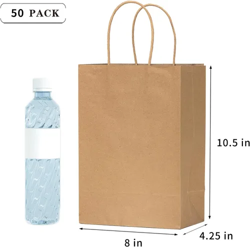 Miniatura 4 de vanhel 50 bolsas de regalo con asas, 8 x 4.25 x 10.5 pulgadas, bolsa de regalo, bolsas de papel marrón con asas a granel, para compras, fiesta
