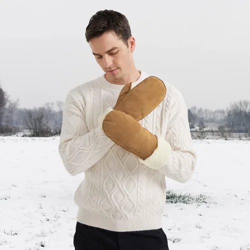 Miniatura 7 de Surblue Manoplas de gamuza de oveja de invierno para hombre, piel de oveja de alta calidad, cálido puño grueso forrado de lana de cordero