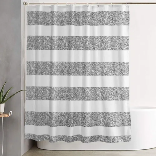 Cortina de ducha moderna, cortina de baño con lentejuelas de color plateado y rayas con purpurina, cortina de decoración de tela de granja, 60 x 71