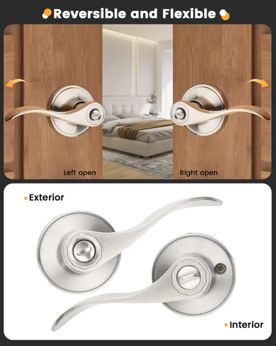 Miniatura 4 de Gobrico, cerradura de níquel suave, con picaporte con curva, sin llave, para la recámara y el baño, 10 unidades, Niquel satinado