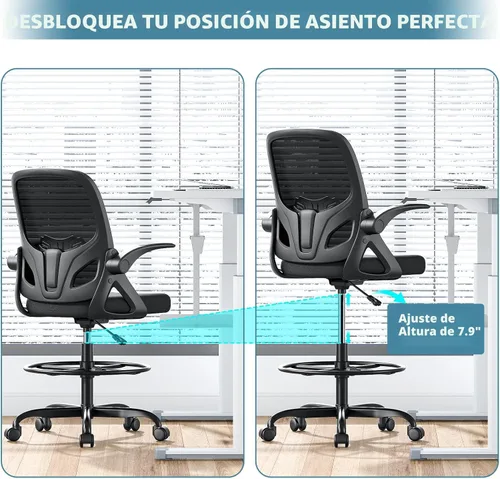Miniatura 5 de Kensaker Silla de Dibujo Alta con Anillo Reposapiés para el Hogar y el Trabajo, Silla Ergonómica de Escritorio de Oficina para el Hogar con Brazos