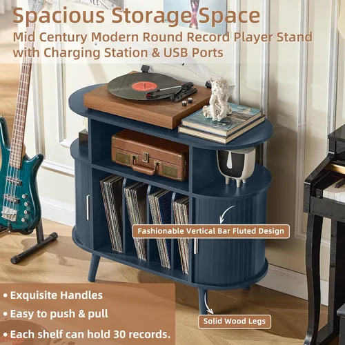 Miniatura 7 de LELELINKY Large Round Record Player Stand with Charging Station & Fluted Display Shelf, Blue Mid Century Modern Turntable Cabinet with Vinyl