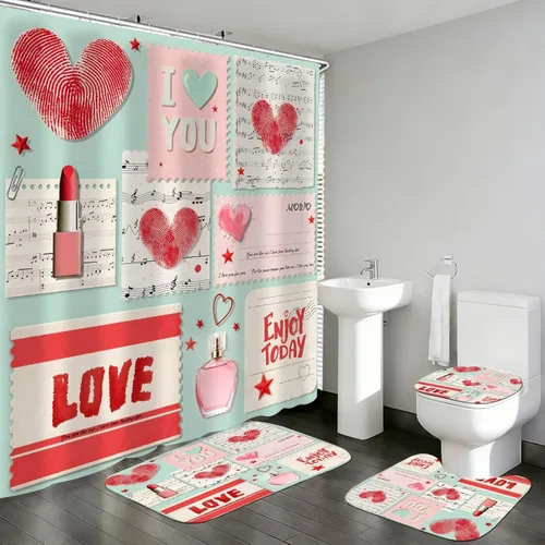 Miniatura 9 de DDQQ Juego de 4 cortinas de ducha sexy para mujer, con lazo de perlas, juego de decoración de baño de flores rojas a la moda, juego de cortinas