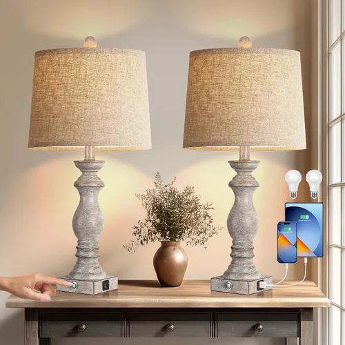 Juego de 2 lámparas de mesa de 24.5 pulgadas, lámparas de noche rústicas de granja con puertos de carga USB A+C, lámparas de mesa de noche con