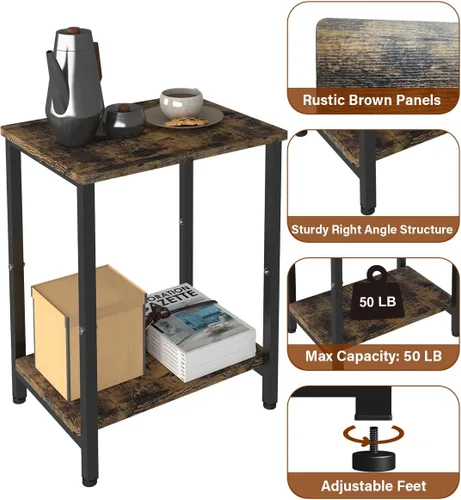 Miniatura 4 de Mesa auxiliar de 2 niveles, mesa auxiliar resistente con estantes, mesa de noche estrecha para espacios pequeños, mesa de tocadiscos para Negro