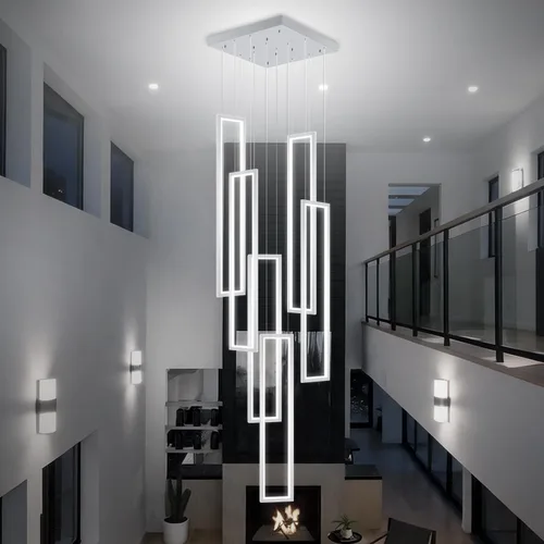 Miniatura 12 de Flashing God Candelabro moderno, candelabros cromados con 6 anillos LED, lámpara de techo alto más grande para sala de estar, lámpara rectangular