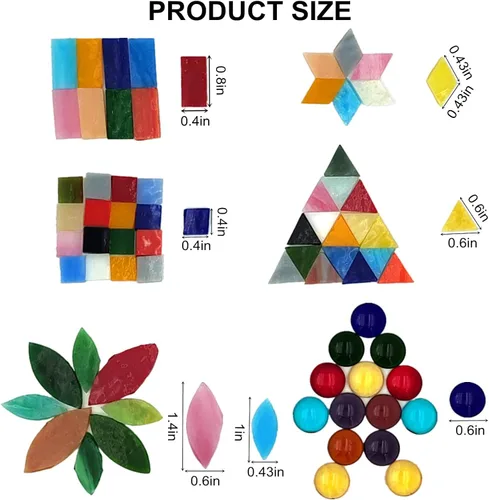 Miniatura 3 de Azulejos de mosaico de vidrio de color mixto 1.3lb/600g, 6 formas mixtas hoja de pétalo/redondo/rectángulo/cuadrado/rombo/triángulo vidrieras piezas