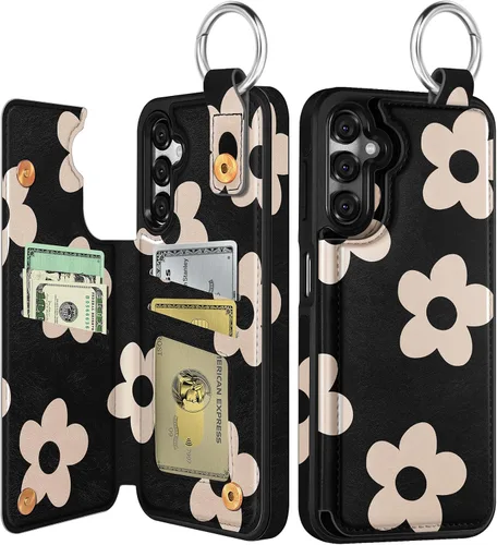 Shorogyt Funda tipo cartera para Samsung Galaxy A15 5G con tarjetero - Patrón de flores negras de diseñador con soporte, cierre magnético, funda de
