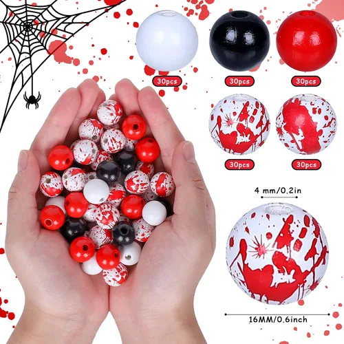 Miniatura 2 de Whaline Juego de 150 cuentas de madera de Halloween, cuentas focales de madera rojas, negras y blancas, cuentas de madera con salpicaduras