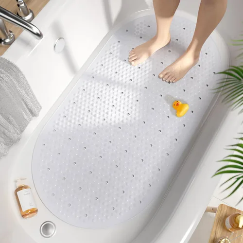 Miniatura 11 de HITSLAM Tapete antideslizante para bañera, 27 x 15 pulgadas, con ventosas y orificios de drenaje, lavable a máquina, ovalado, para niños, personas