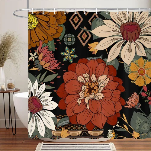 Miniatura 2 de Cortina de ducha con diseño floral retro, diseño bohemio abstracto, diseño botánico abstracto, moderno y estético, moderno de mediados de siglo