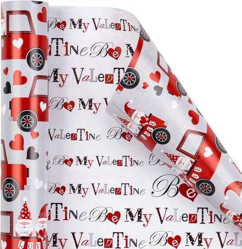 Miniatura 6 de RUSPEPA Rollo de papel de regalo reversible, mini rollo, diseño de pareja de gnomos rojos en camión, ideal para el día de San Valentín, fiesta