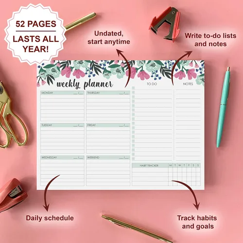 Miniatura 3 de Bloc de agenda semanal, 52 hojas tamaño carta desprendibles, 8.5” x 11” agenda semanal sin fecha, planificador de escritorio, bloc de notas