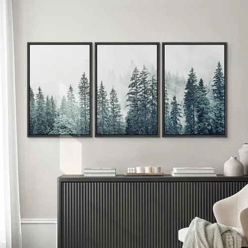 Miniatura 3 de SIGNWIN - 3 cuadros en lienzo enmarcados, modernos, elegantes, de textura de grano, pinos de montaña con niebla y naturaleza silvestre para sala