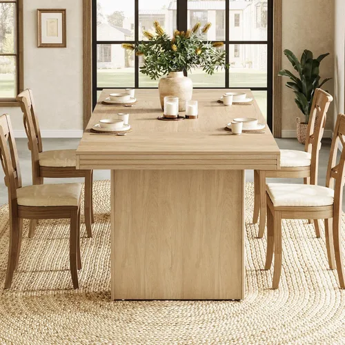Miniatura 6 de Tribesigns Mesa de comedor de granja de 63 pulgadas para 6, mesa de cocina moderna con línea acanalada para comedor, sala de estar, natural