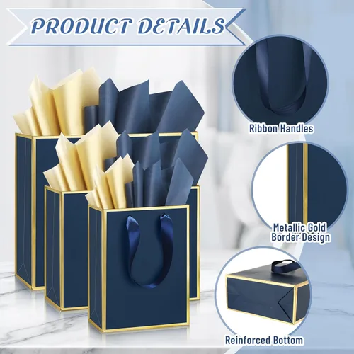 Miniatura 3 de Yeaqee 12 bolsas de regalo de papel metálico con asa, tamaño surtido, incluye 8, 10, 13 pulgadas, bolsa de regalo de agradecimiento de 5 sentidos