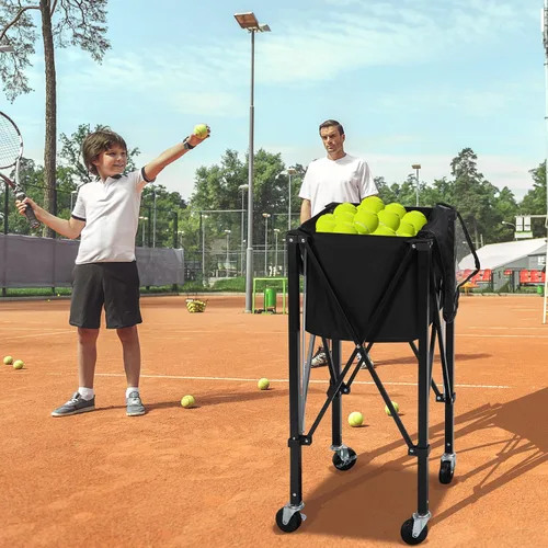 Miniatura 9 de Tolva portátil para pelotas de tenis con capacidad para 200 bolas, carrito de canasta de pelota de tenis con 4 ruedas y frenos, bolsa de tela Oxford