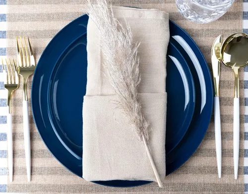 Miniatura 6 de [30 unidades de 8.6 pulgadas] Platos de fiesta de plástico azul oscuro Colección Edge Collection Premium pesado elegante vajilla desechable