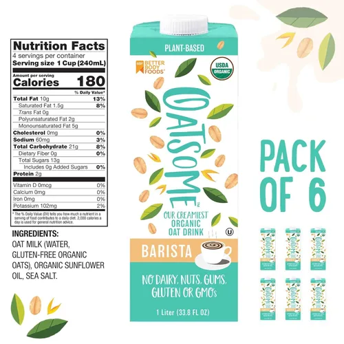Miniatura 2 de Oatsome Leche de avena orgánica, mezcla barista, sin gluten, sin lácteos (paquete de 6), 33.8 onzas líquidas