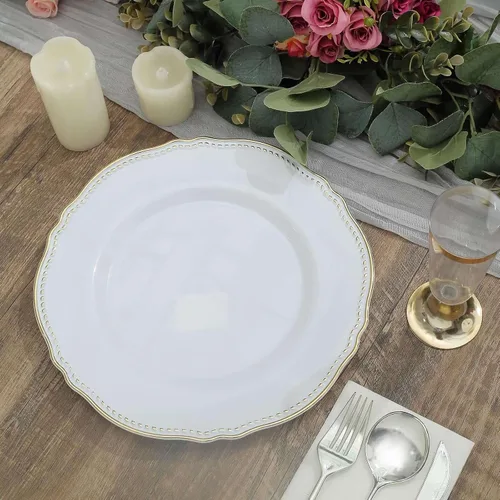Miniatura 13 de Efavormart - Paquete de 10 platos llanos de plástico con borde festoneado negro/dorado de 9 pulgadas, platos desechables para fiestas de bodas