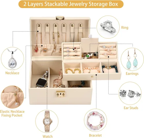 Miniatura 7 de CHFONG Joyero de 2 capas de piel sintética soporte de joyería portátil de viaje extraíble para collares aretes anillos pulseras joyeros organizador