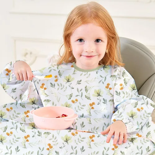 Miniatura 4 de Paquete de 2 baberos de bebé de manga larga, overol para comer, impermeable, se fija a la silla alta y la mesa, edades de 1 a 3 años Hoja