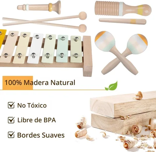 Miniatura 5 de Instrumentos musicales para bebés, juguetes Montessori de madera para niños pequeños de 1 a 3 años, colores neutros, juego de instrumentos de Neutral