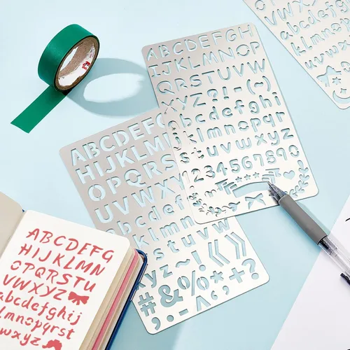 Miniatura 6 de BENECREAT 4 plantillas de grabado de metal de 4 x 7 pulgadas, plantillas de metal con números de letra para tallado de madera, dibujos y quemado